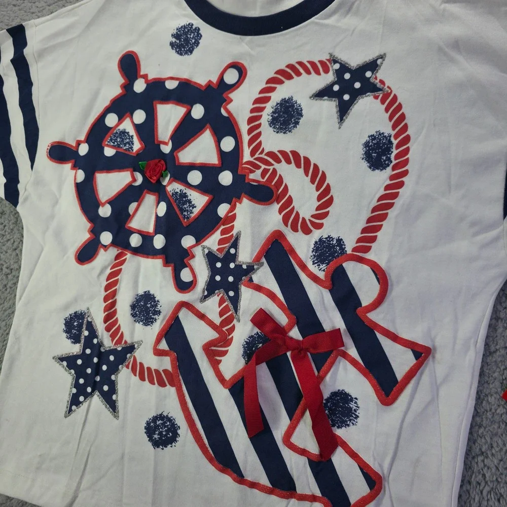 Vintage Knitwaves Kids Nautical Anchor Stars Top Red White Blue Large 34661 NWT